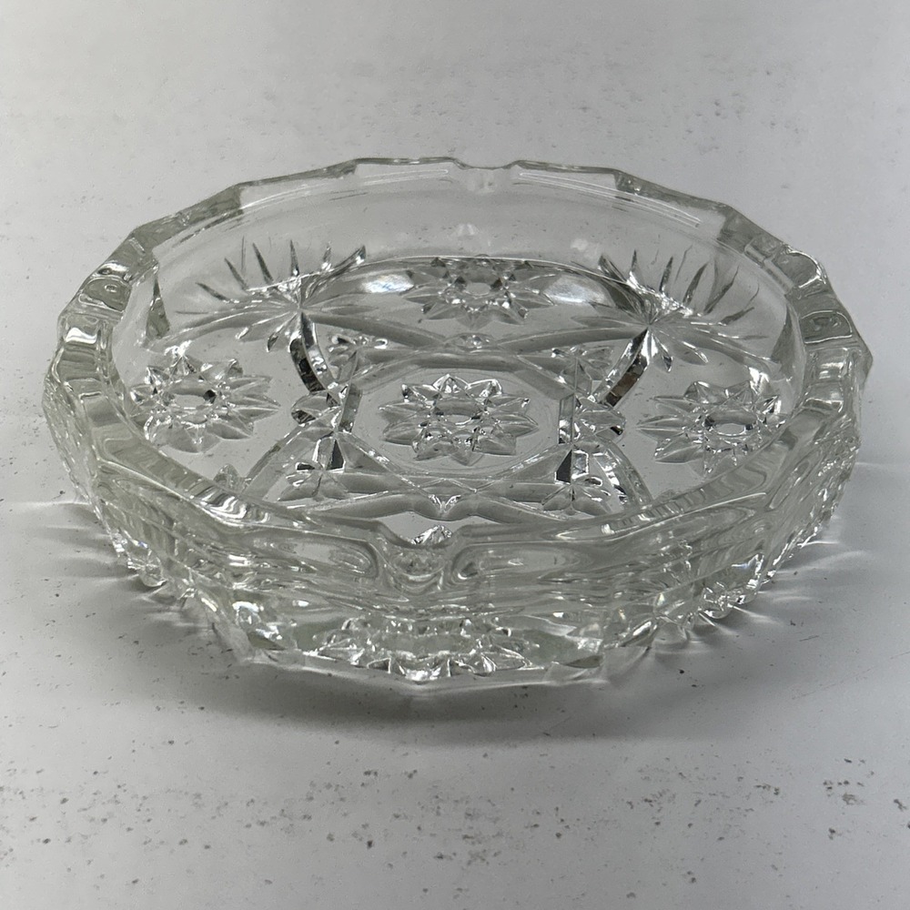 Vintage Crystal Cut Glass Ashtray Starburst Round Clear Trinket Dish